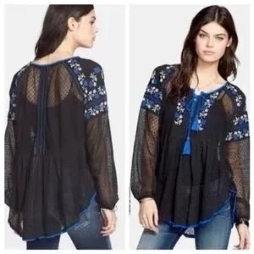 Free People Star Dust Black Embroidered Mesh Tunic